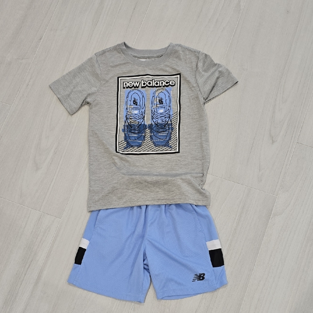 New Balance Gray Tee with Blue Graphic and Light Blue Shorts Set Blys Size 7